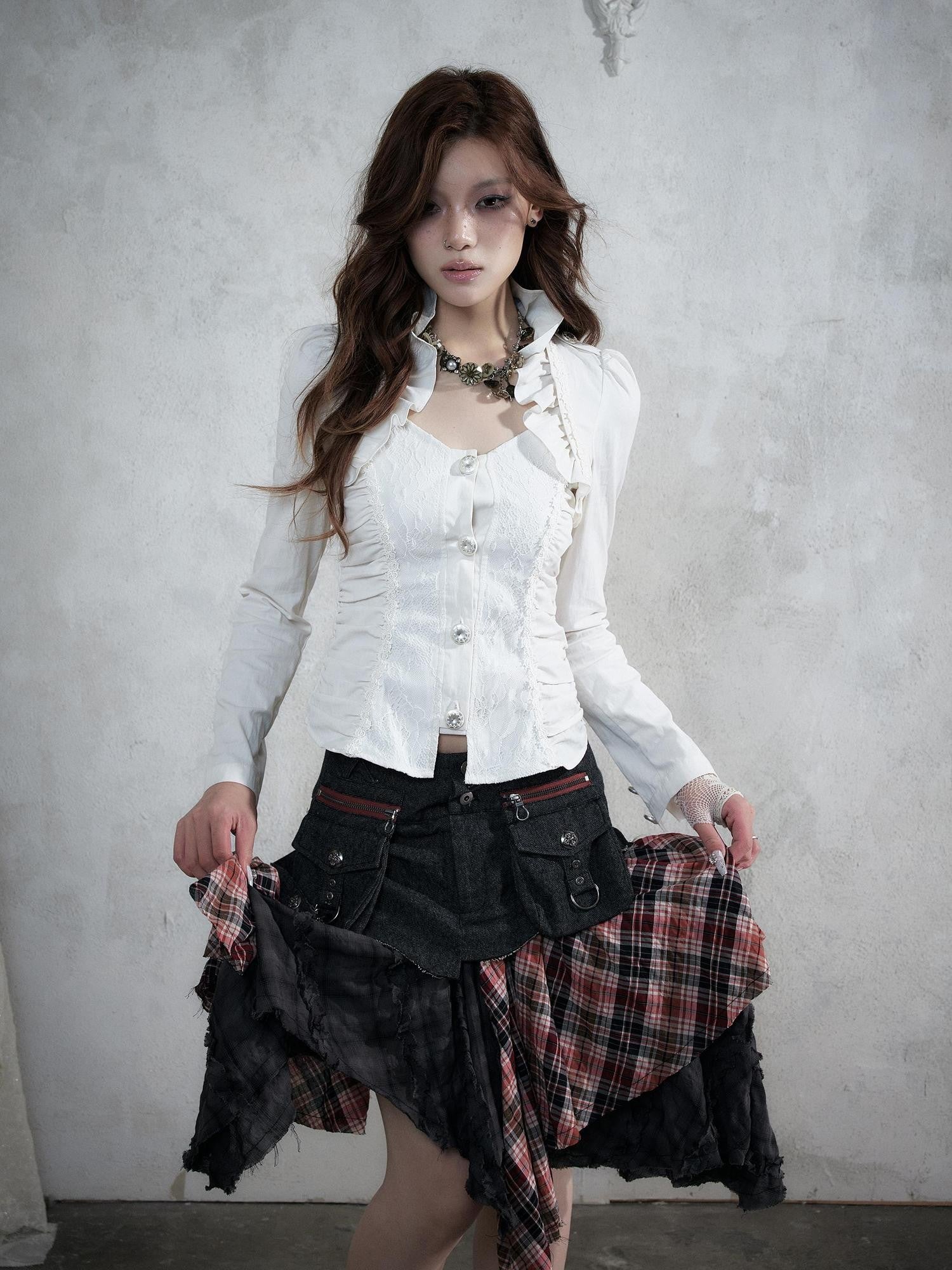 NO ROMANCE Court Lace Spliced Ruched Waist Short Sleeve Women&