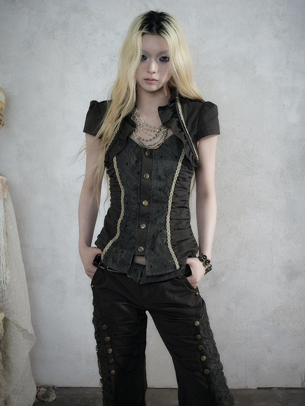 NO ROMANCE Court Lace Spliced Ruched Waist Short Sleeve Women&