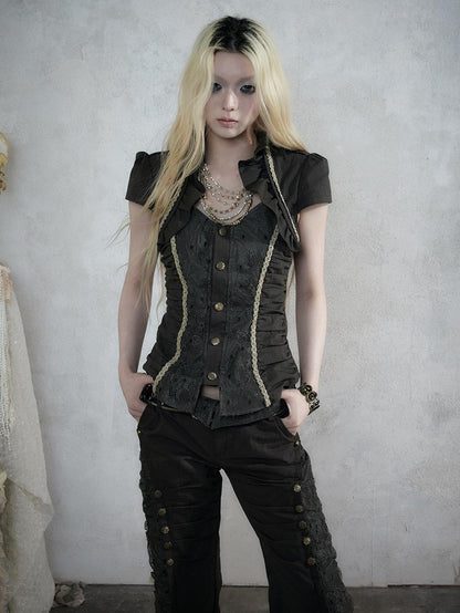 NO ROMANCE Court Lace Spliced Ruched Waist Short Sleeve Women&
