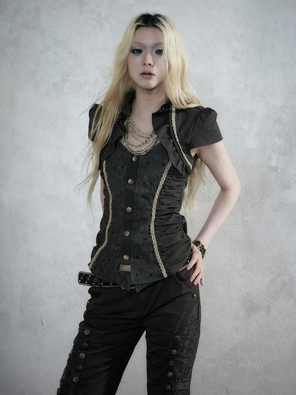 NO ROMANCE Court Lace Spliced Ruched Waist Short Sleeve Women&
