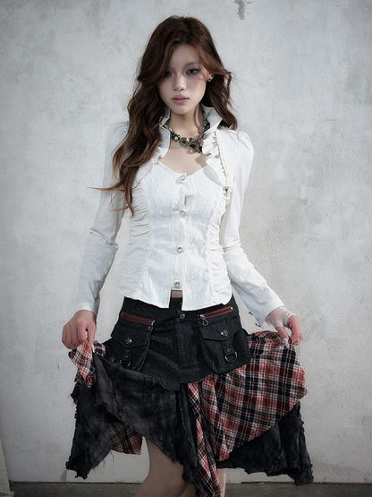 NO ROMANCE Court Lace Spliced Ruched Waist Short Sleeve Women&