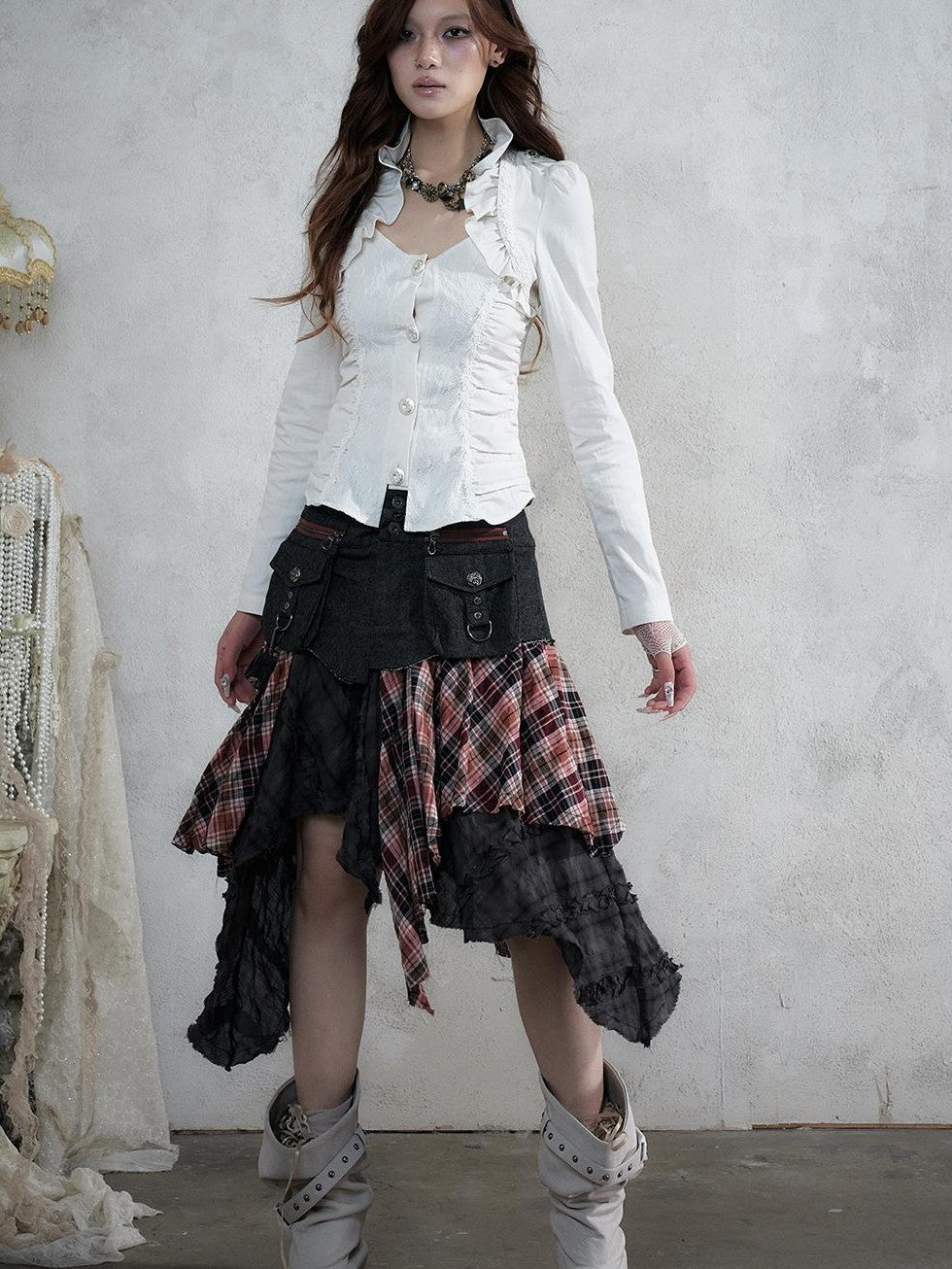 NO ROMANCE Court Lace Spliced Ruched Waist Short Sleeve Women&