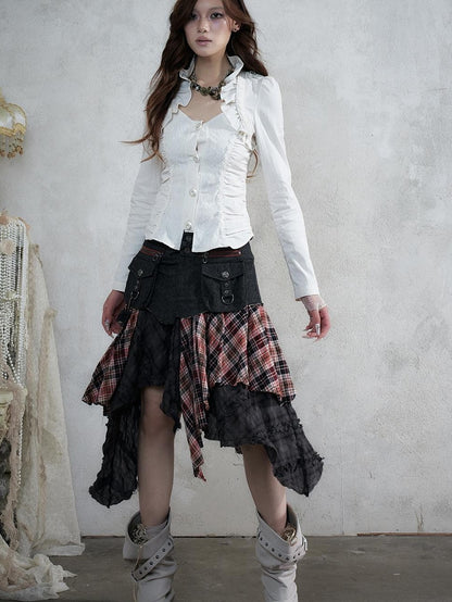NO ROMANCE Court Lace Spliced Ruched Waist Short Sleeve Women&