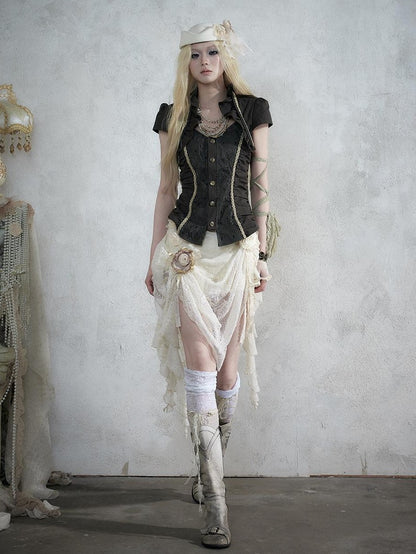 NO ROMANCE Court Lace Spliced Ruched Waist Short Sleeve Women&