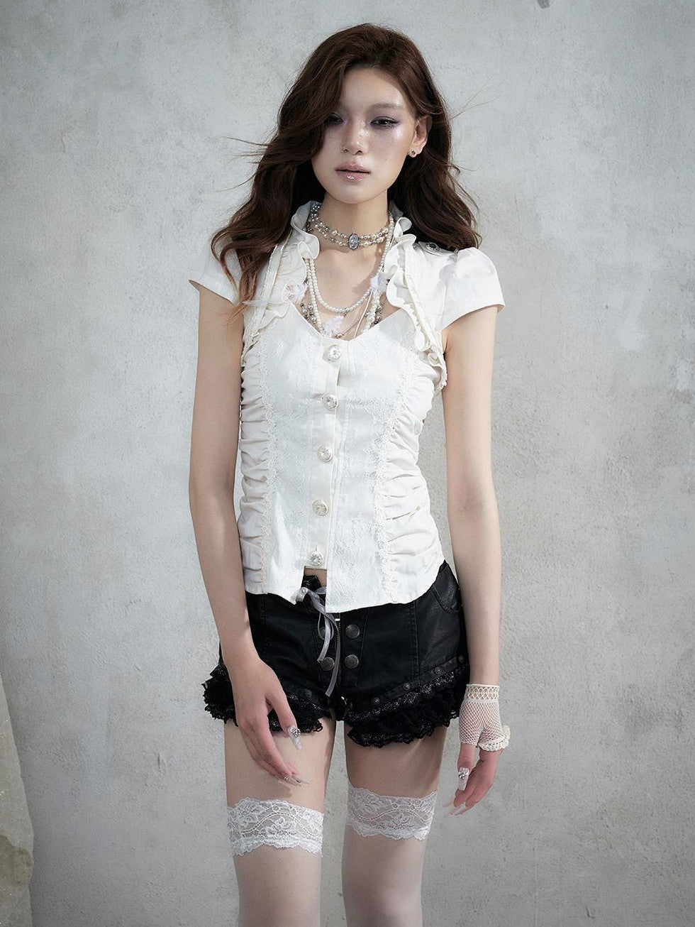 NO ROMANCE Court Lace Spliced Ruched Waist Short Sleeve Women&