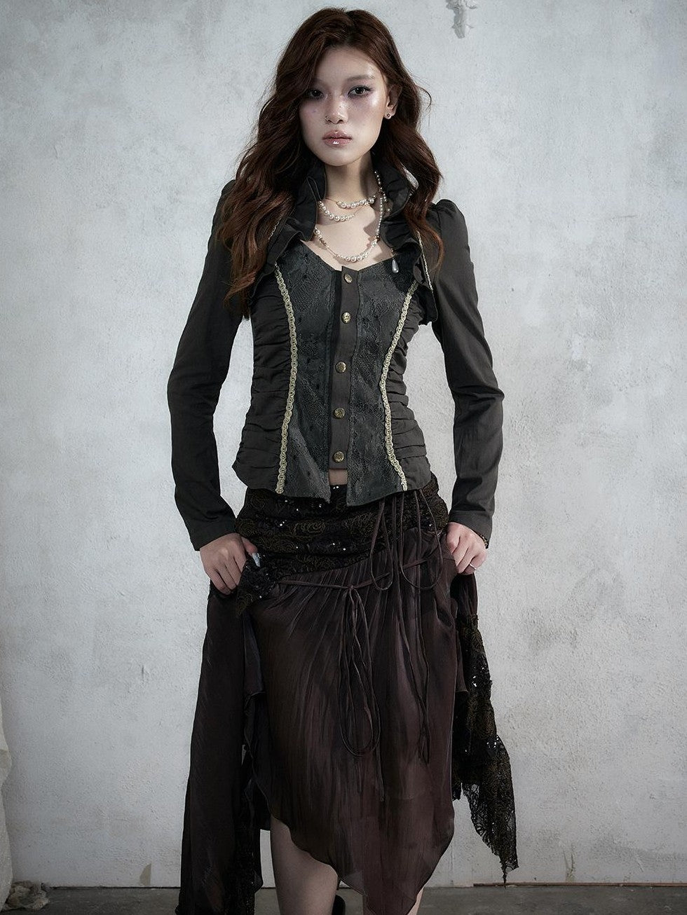 NO ROMANCE Court Lace Spliced Ruched Waist Short Sleeve Women&