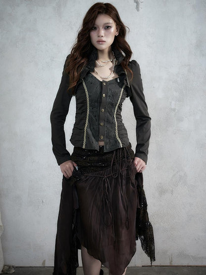 NO ROMANCE Court Lace Spliced Ruched Waist Short Sleeve Women&