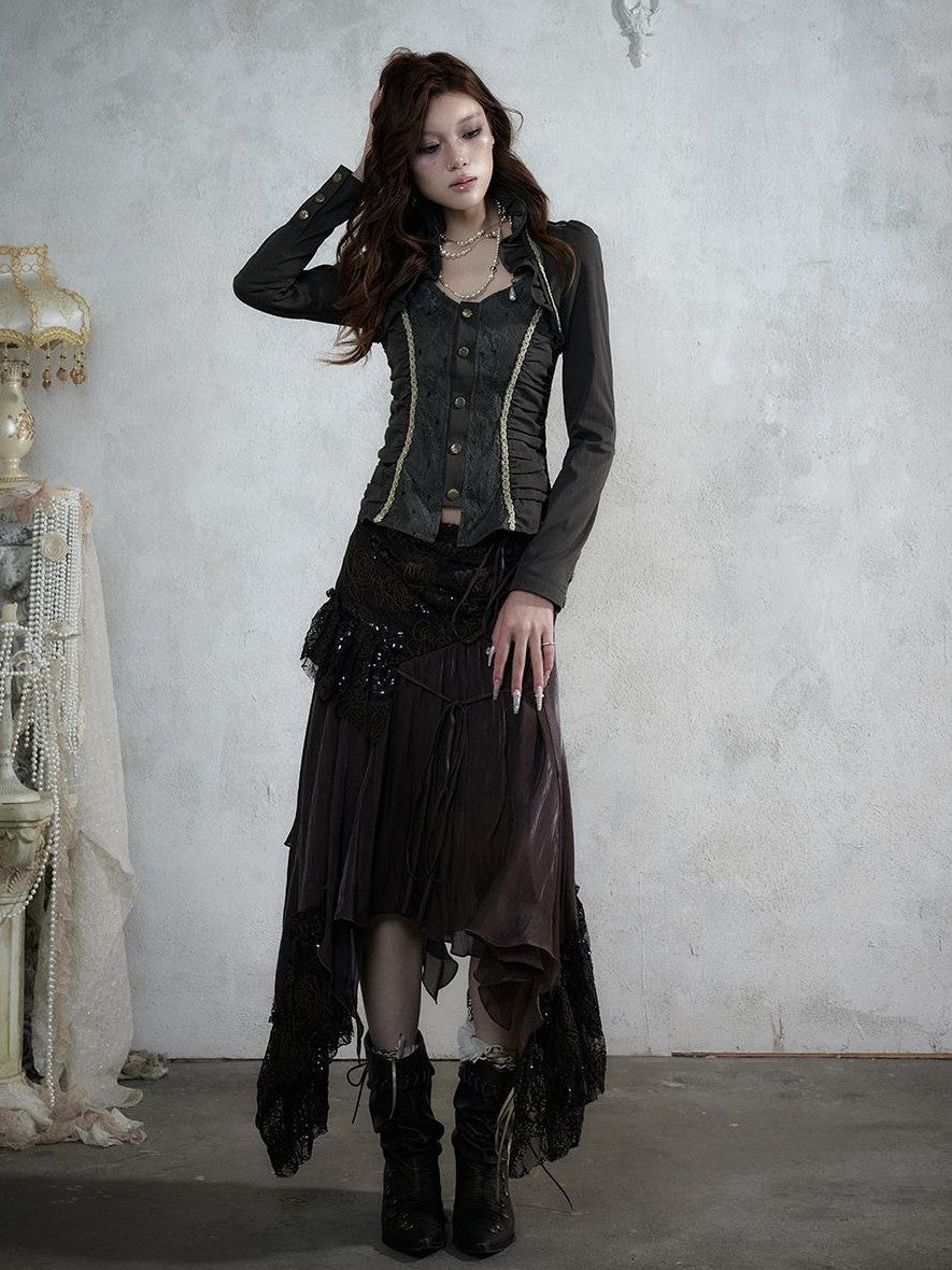 NO ROMANCE Court Lace Spliced Ruched Waist Short Sleeve Women&