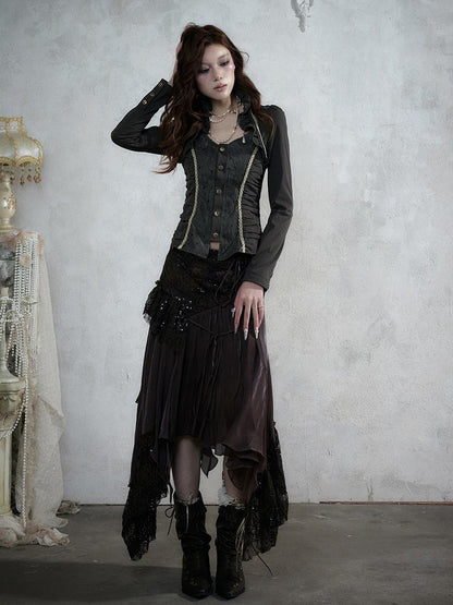 NO ROMANCE Court Lace Spliced Ruched Waist Short Sleeve Women&