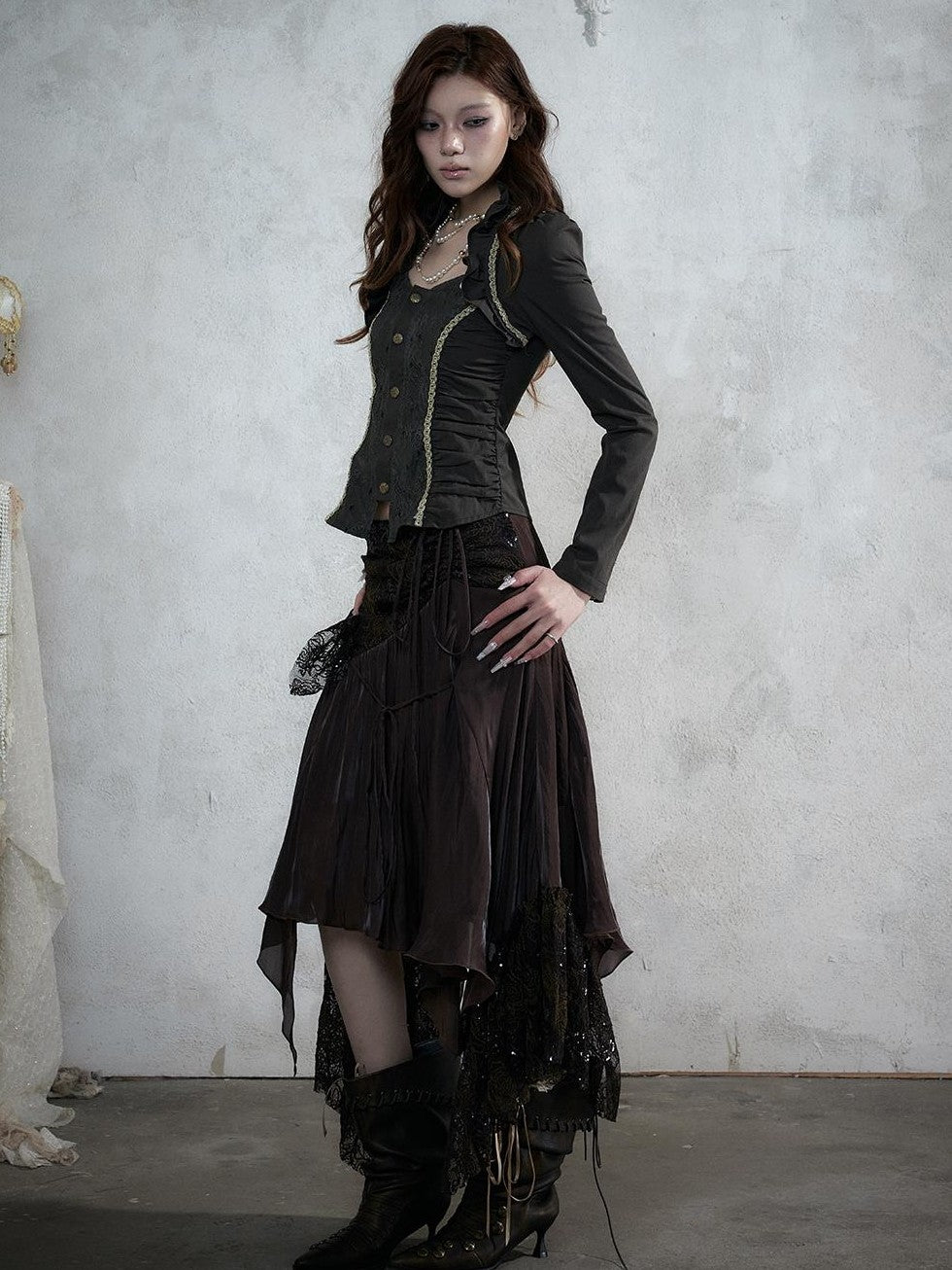 NO ROMANCE Court Lace Spliced Ruched Waist Short Sleeve Women&