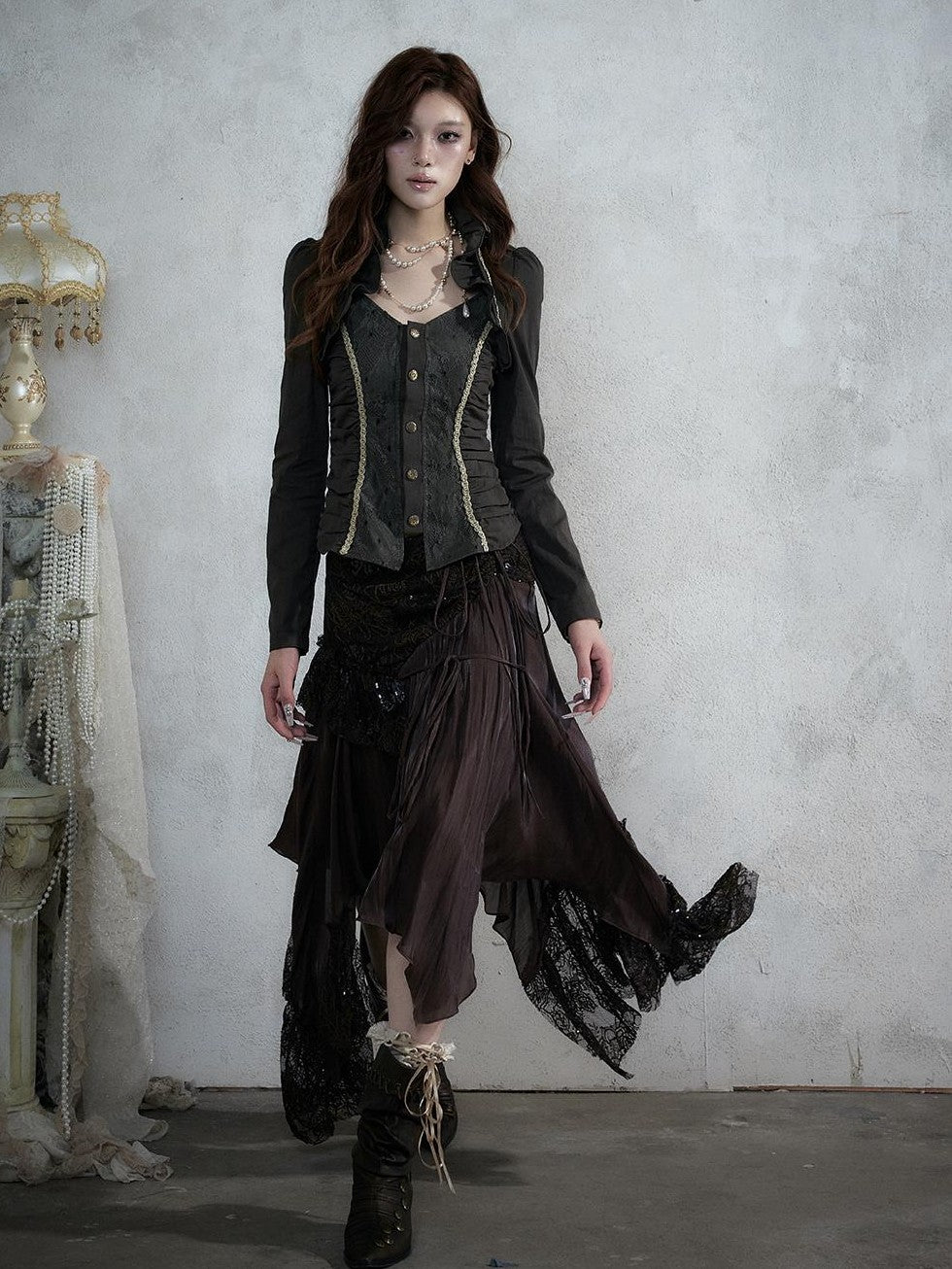 NO ROMANCE Court Lace Spliced Ruched Waist Short Sleeve Women&