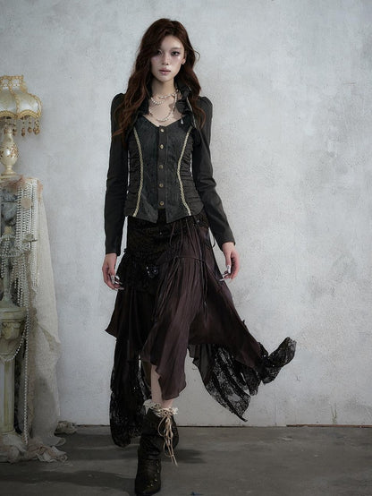 NO ROMANCE Court Lace Spliced Ruched Waist Short Sleeve Women&