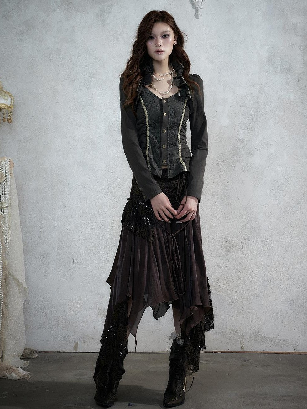 NO ROMANCE Court Lace Spliced Ruched Waist Short Sleeve Women&