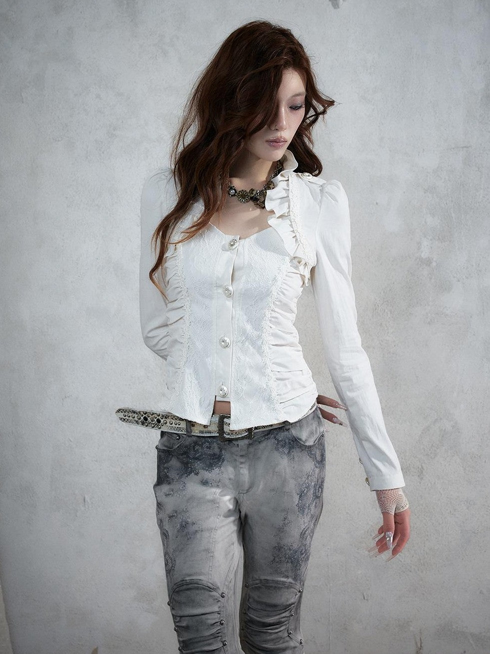 NO ROMANCE Court Lace Spliced Ruched Waist Short Sleeve Women&