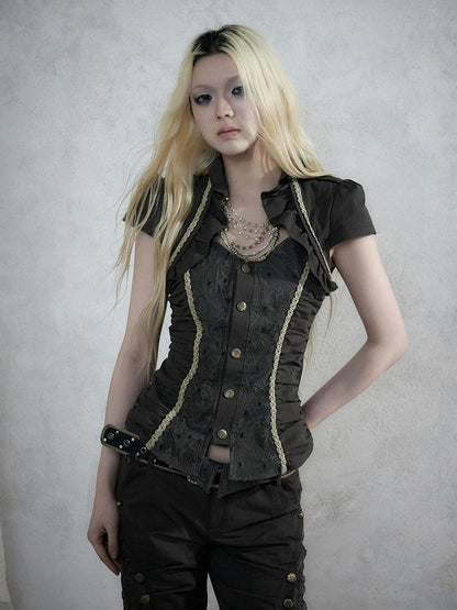 NO ROMANCE Court Lace Spliced Ruched Waist Short Sleeve Women&