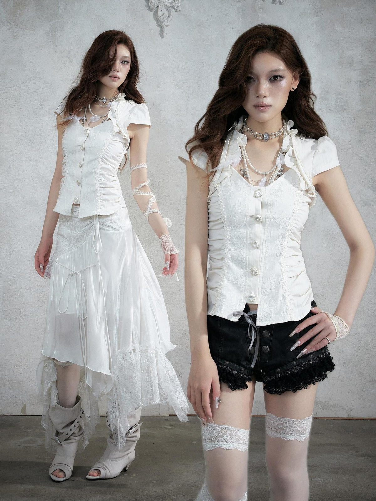 NO ROMANCE Court Lace Spliced Ruched Waist Short Sleeve Women&