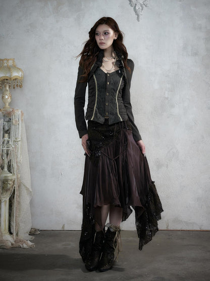 NO ROMANCE Court Lace Spliced Ruched Waist Short Sleeve Women&