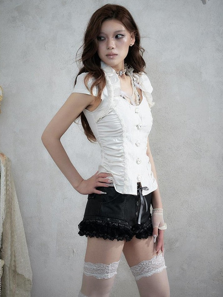 NO ROMANCE Court Lace Spliced Ruched Waist Short Sleeve Women&