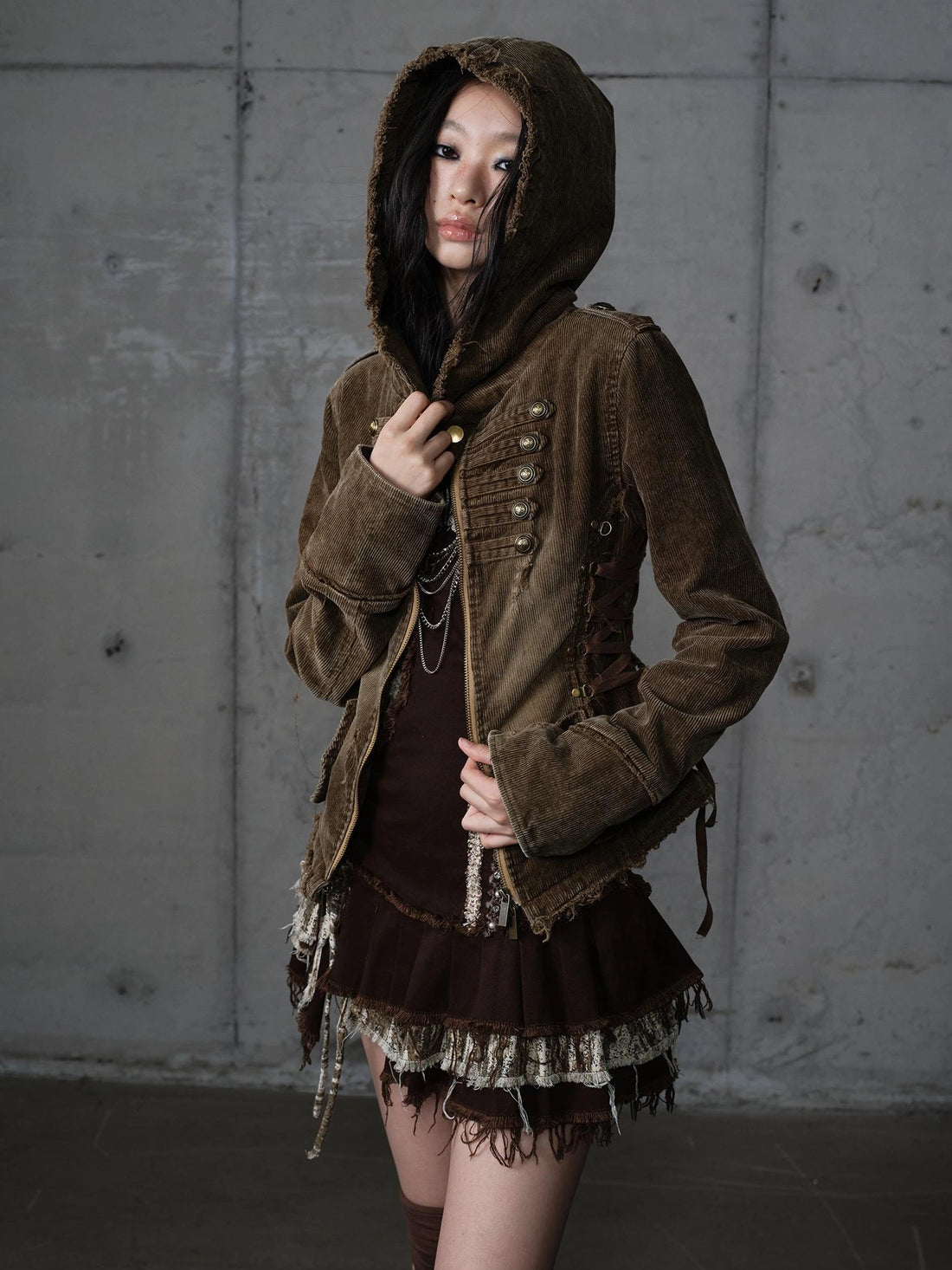 NO ROMANCE Detachable Hood Cotton Corduroy Slim Fit Vintage Khaki Women Zip Up Jacket