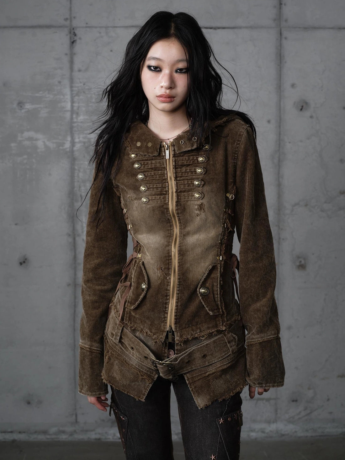 NO ROMANCE Detachable Hood Cotton Corduroy Slim Fit Vintage Khaki Women Zip Up Jacket