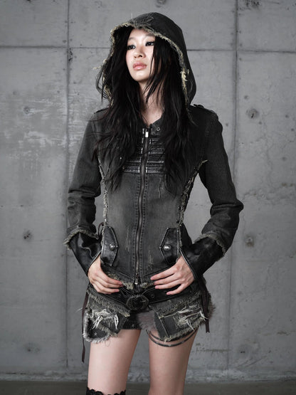 NO ROMANCE Detachable Hood Zip Front Slim Fit Palace Style Women All Cotton Denim Jacket