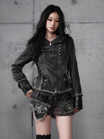 NO ROMANCE Detachable Hood Zip Front Slim Fit Palace Style Women All Cotton Denim Jacket