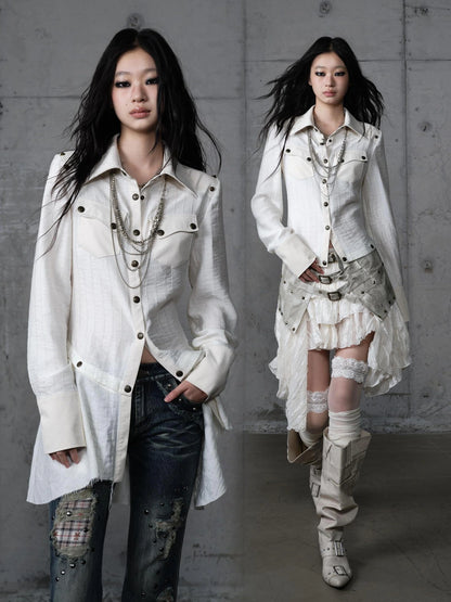 Detachable Patchwork Punk Fitted Women Long Sleeve Turn Down Collar Shirt