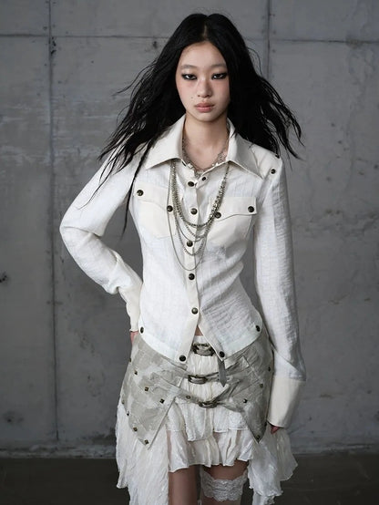 Detachable Patchwork Punk Fitted Women Long Sleeve Turn Down Collar Shirt