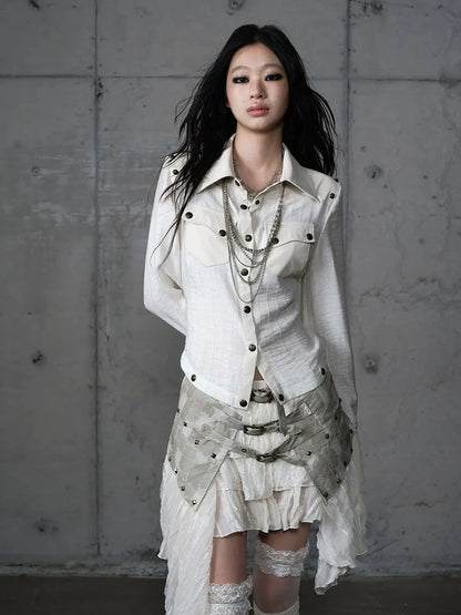 Detachable Patchwork Punk Fitted Women Long Sleeve Turn Down Collar Shirt