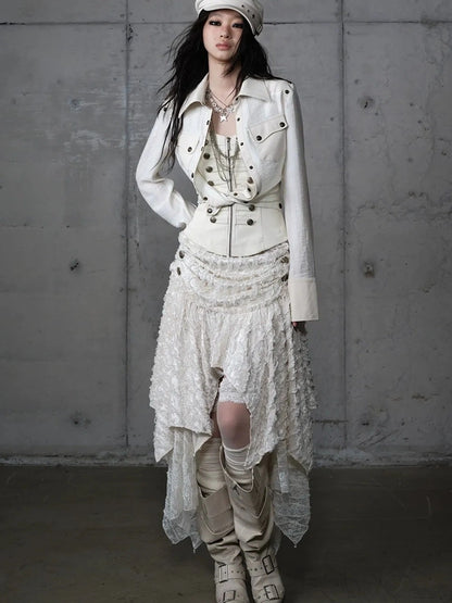 Detachable Patchwork Punk Fitted Women Long Sleeve Turn Down Collar Shirt