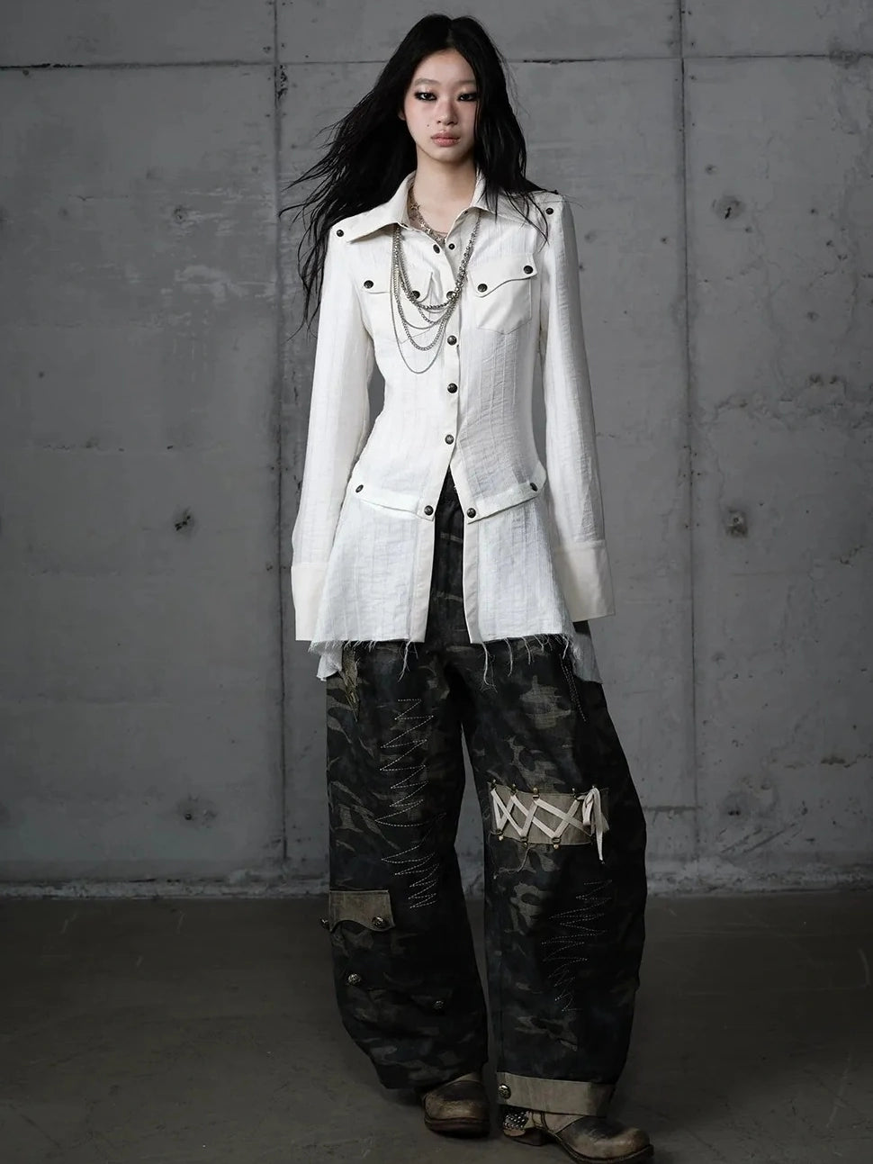 Detachable Patchwork Punk Fitted Women Long Sleeve Turn Down Collar Shirt