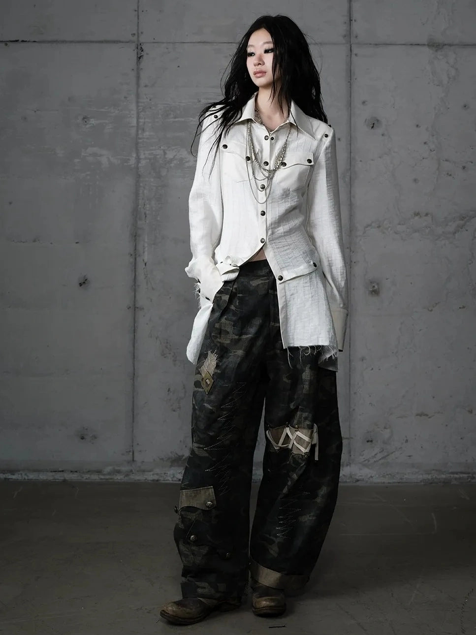 Detachable Patchwork Punk Fitted Women Long Sleeve Turn Down Collar Shirt