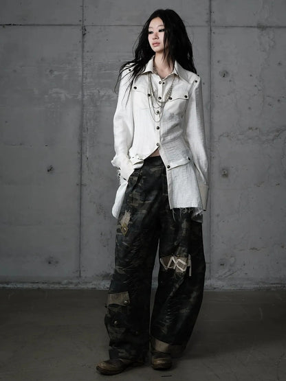 Detachable Patchwork Punk Fitted Women Long Sleeve Turn Down Collar Shirt