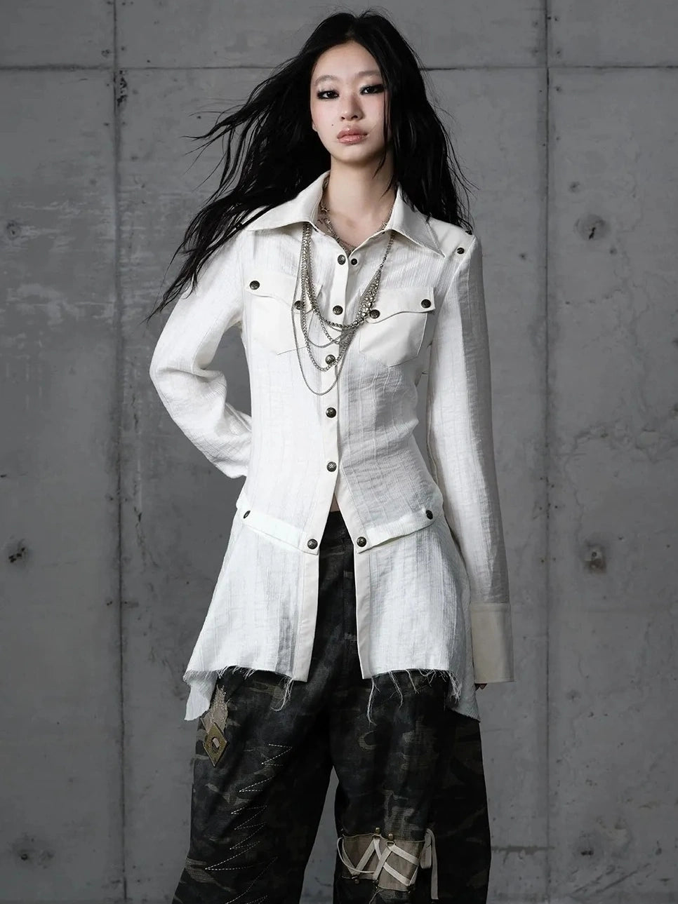 Detachable Patchwork Punk Fitted Women Long Sleeve Turn Down Collar Shirt