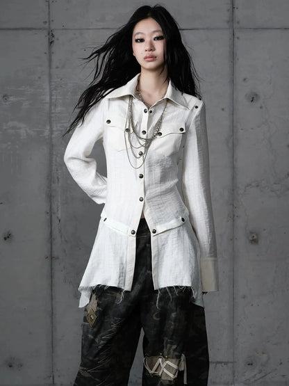 Detachable Patchwork Punk Fitted Women Long Sleeve Turn Down Collar Shirt