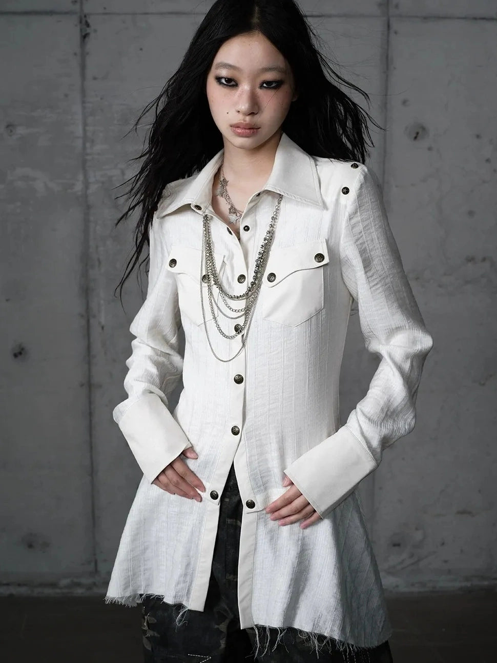 Detachable Patchwork Punk Fitted Women Long Sleeve Turn Down Collar Shirt