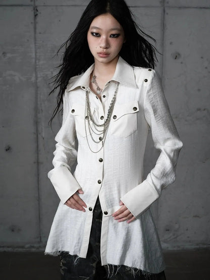 Detachable Patchwork Punk Fitted Women Long Sleeve Turn Down Collar Shirt
