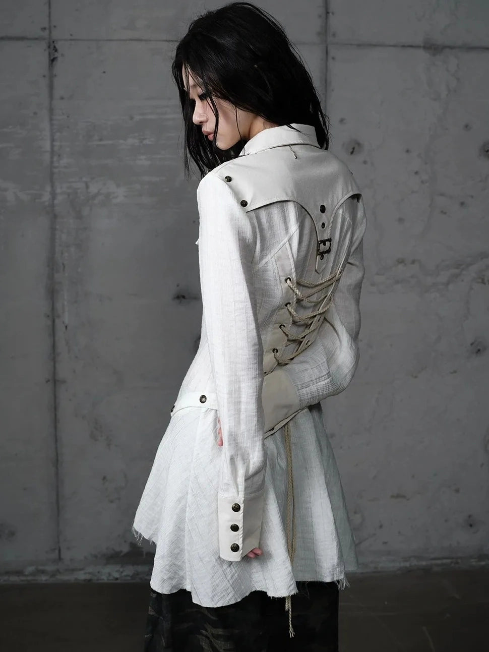 Detachable Patchwork Punk Fitted Women Long Sleeve Turn Down Collar Shirt