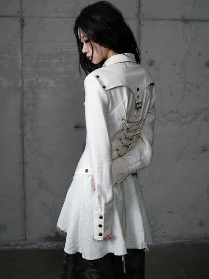 Detachable Patchwork Punk Fitted Women Long Sleeve Turn Down Collar Shirt