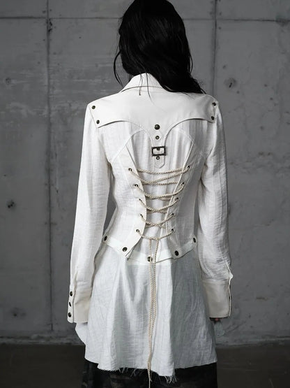 Detachable Patchwork Punk Fitted Women Long Sleeve Turn Down Collar Shirt