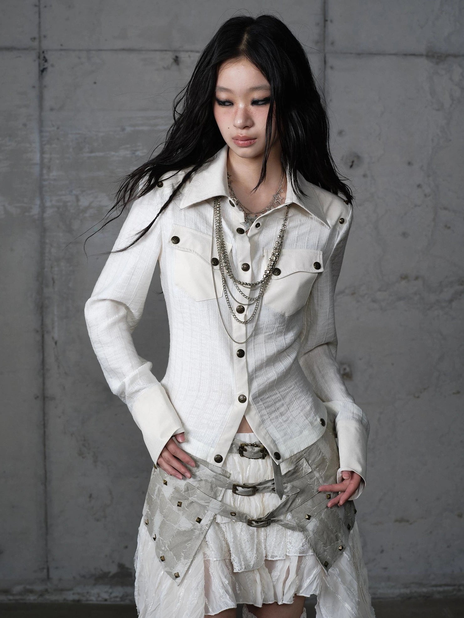 Detachable Patchwork Punk Fitted Women Long Sleeve Turn Down Collar Shirt