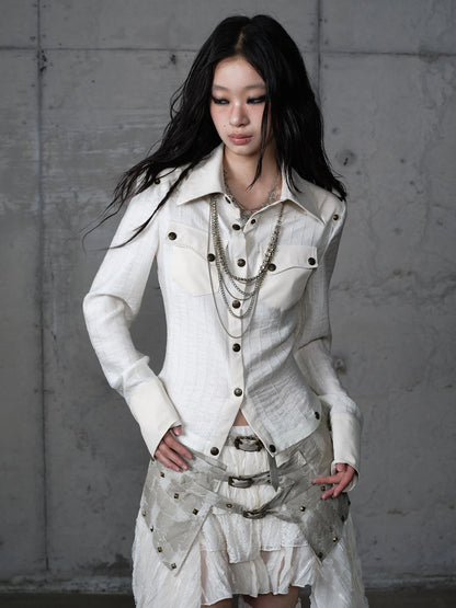 Detachable Patchwork Punk Fitted Women Long Sleeve Turn Down Collar Shirt