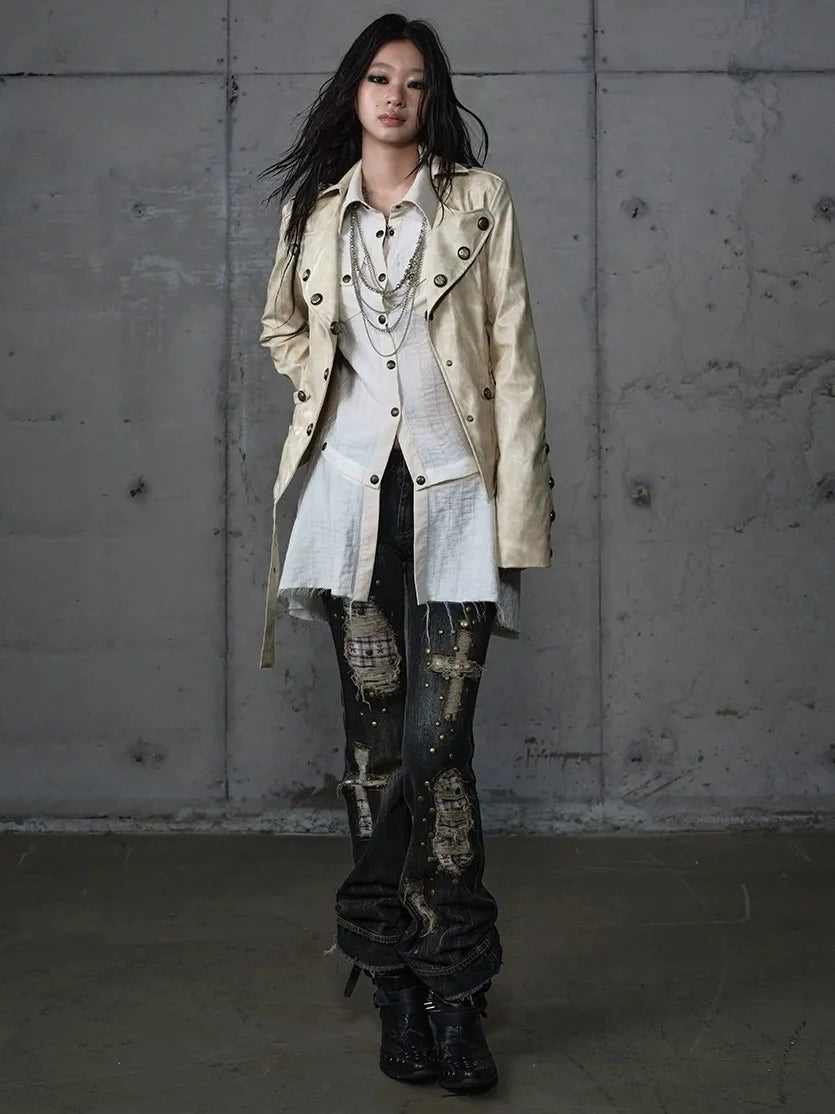 Detachable Patchwork Punk Fitted Women Long Sleeve Turn Down Collar Shirt