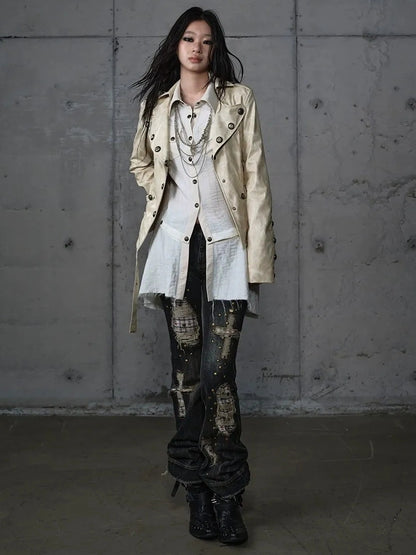 Detachable Patchwork Punk Fitted Women Long Sleeve Turn Down Collar Shirt