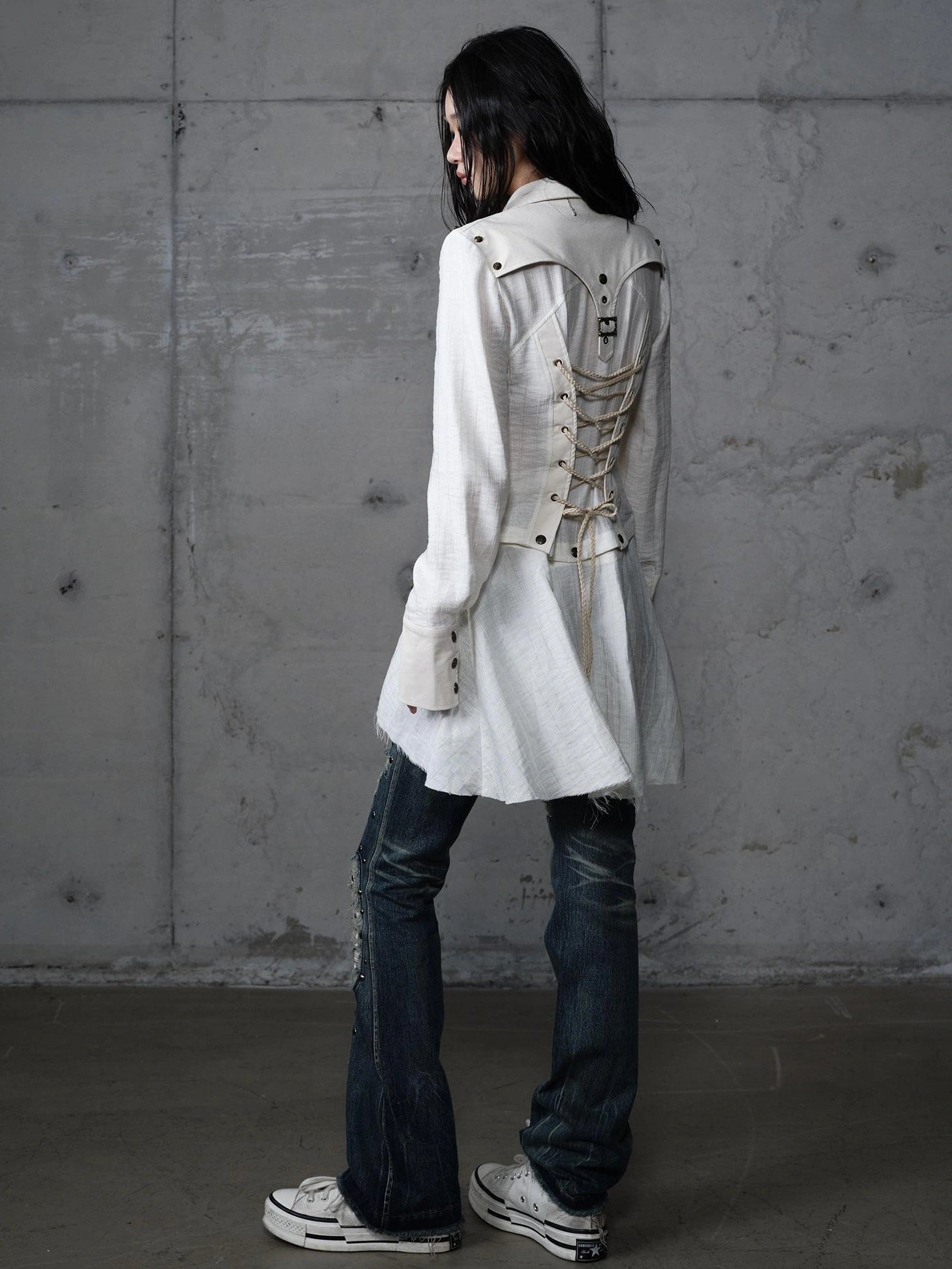 Detachable Patchwork Punk Fitted Women Long Sleeve Turn Down Collar Shirt