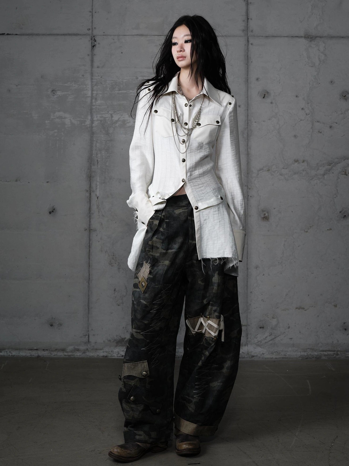 Detachable Patchwork Punk Fitted Women Long Sleeve Turn Down Collar Shirt