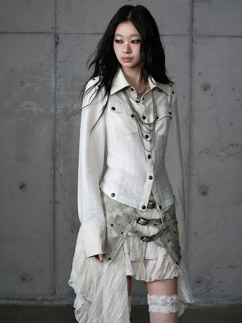 Detachable Patchwork Punk Fitted Women Long Sleeve Turn Down Collar Shirt