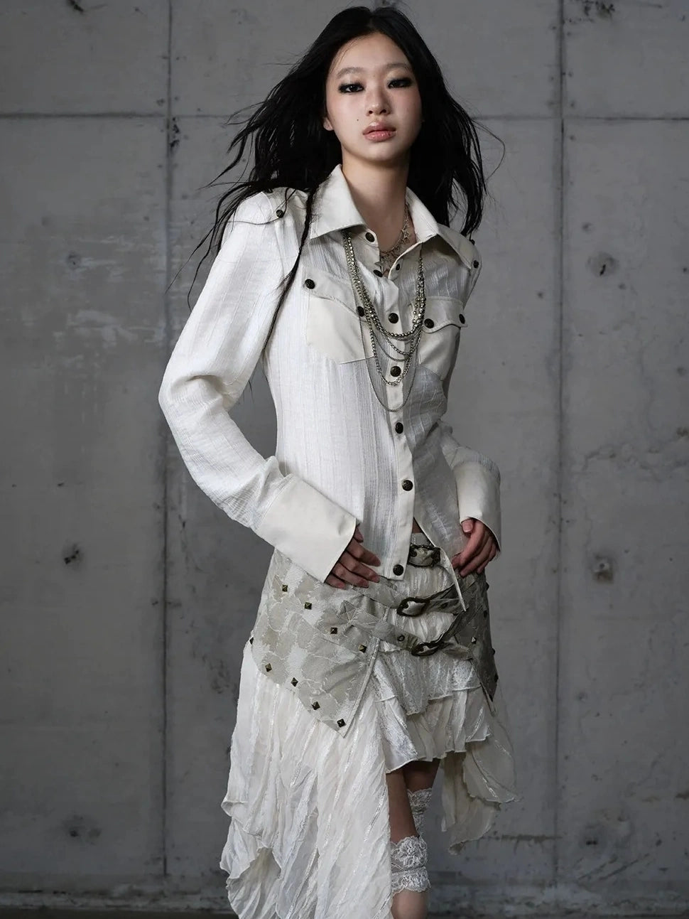 Detachable Patchwork Punk Fitted Women Long Sleeve Turn Down Collar Shirt