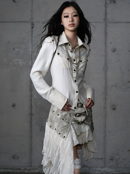 Detachable Patchwork Punk Fitted Women Long Sleeve Turn Down Collar Shirt