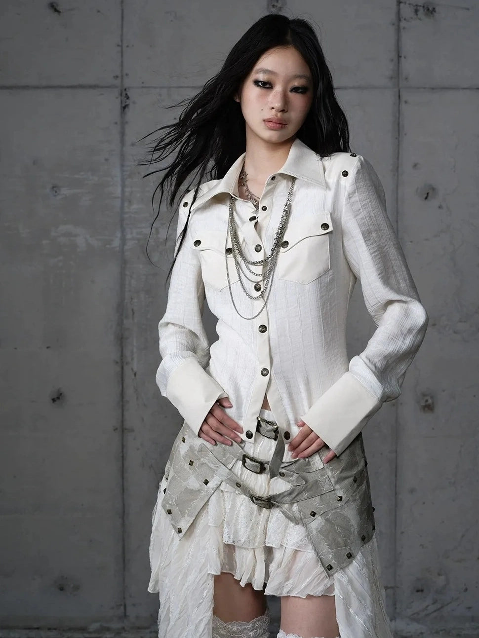 Detachable Patchwork Punk Fitted Women Long Sleeve Turn Down Collar Shirt